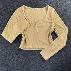 Cotton On Womens Ribbed Henley Long Sleeve Crop Top Tan Yellow Size Medium